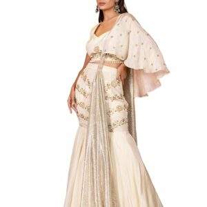 Golden Hand-Embroidered Mermaid Lehenga Set | luxurious pure tissue fabric | Foil prints | Intricate hand embroidery | Perfect choice for festive celebrations | Party wear dress for women