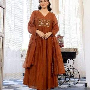 Nermosa Women Embroidery Solid Anarkali Kurta and Pant Set with Dupatta